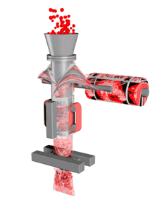 Animated VFFS process showing rollstock film forming filling sealing and finished pouch production