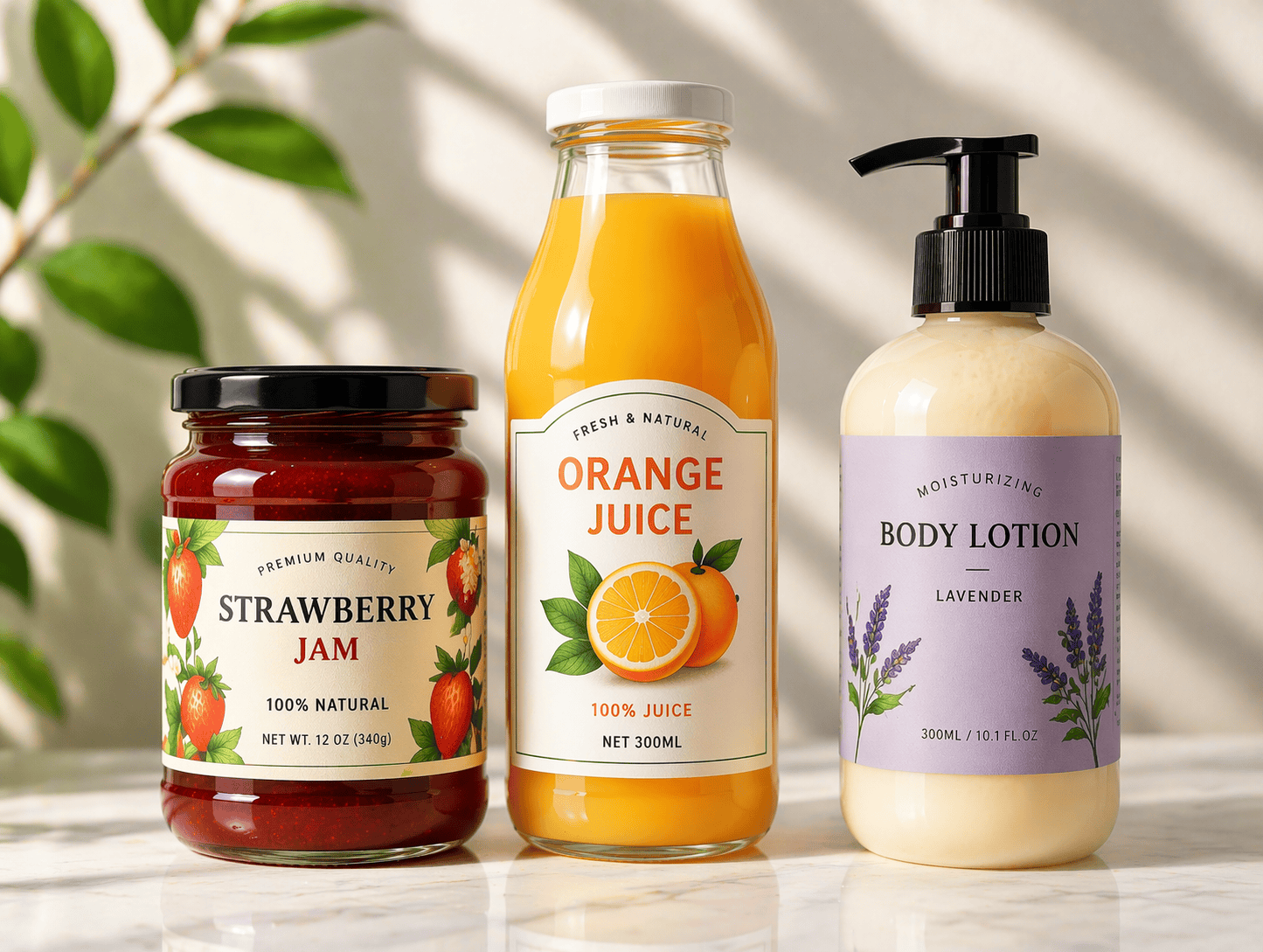 Close-up of custom printed labels on jam jar juice bottle and lotion bottle
