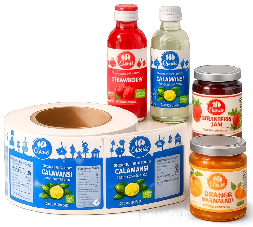 Custom printed labels roll with labeled bottles and jars for food packaging