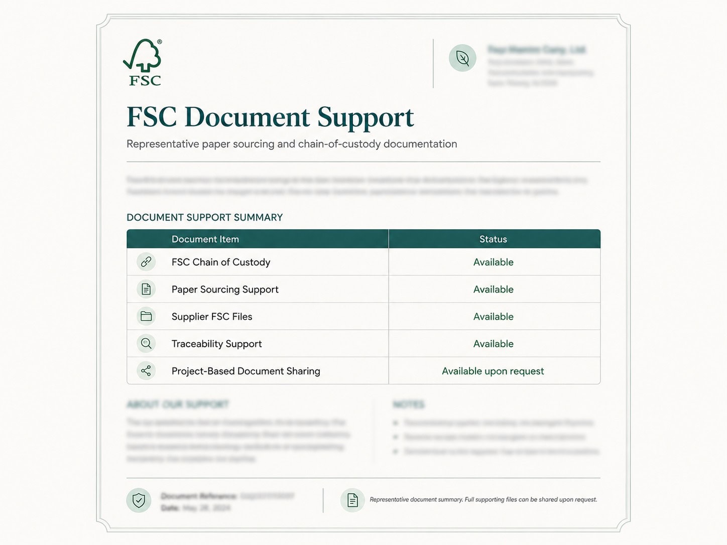 FSC document support summary for paper sourcing documentation