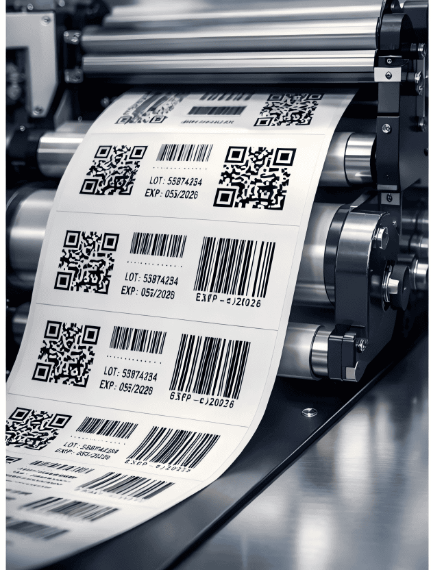 Barcode label printing on roll material for label application selection