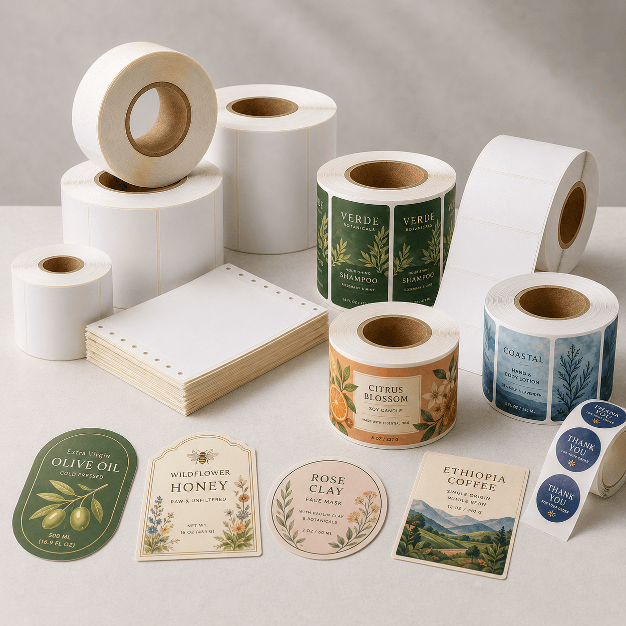 Blank and printed adhesive labels product display