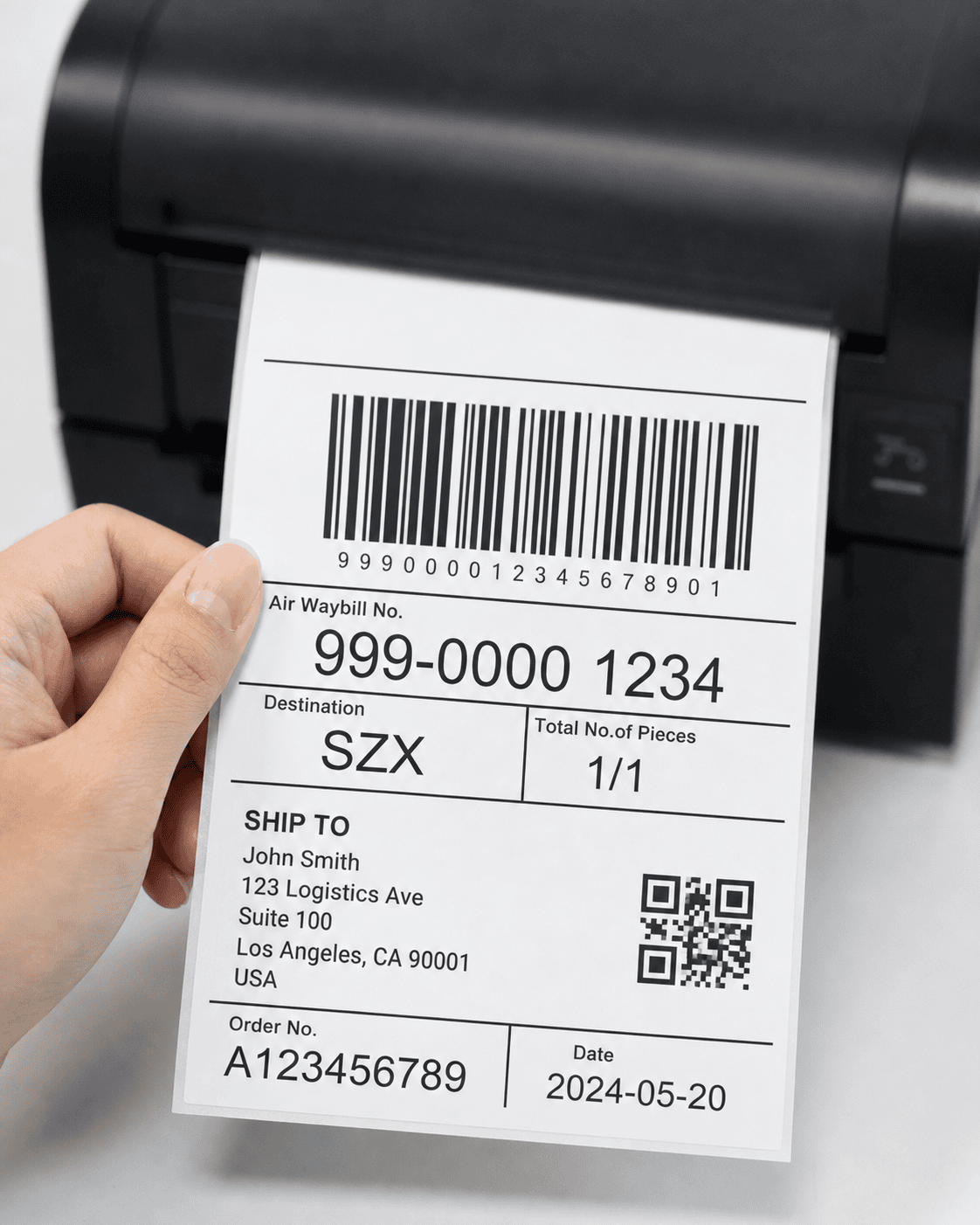 Clear shipping label with readable barcode and sharp text on cardboard box