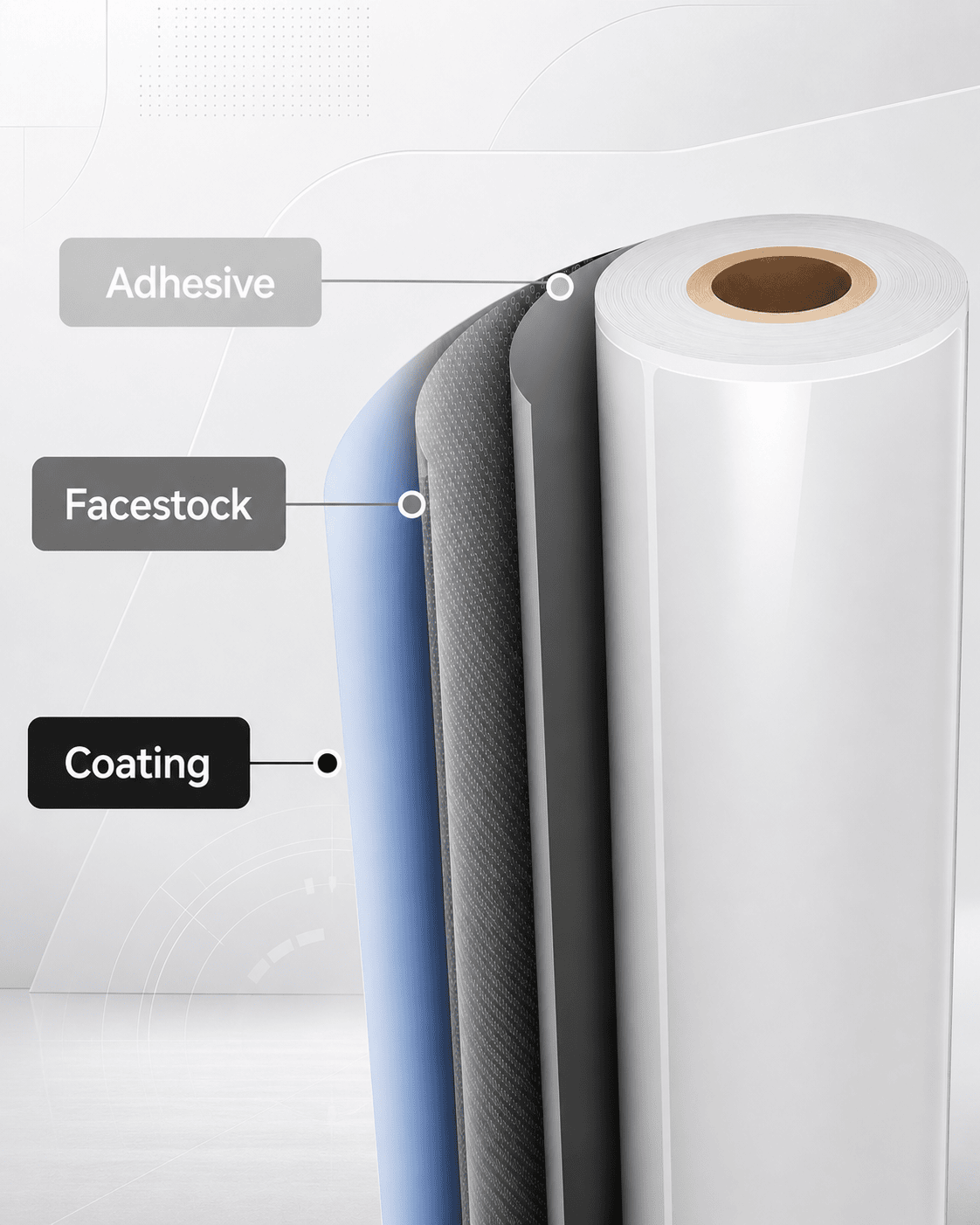 Blank label material structure showing adhesive, facestock, and coating layers