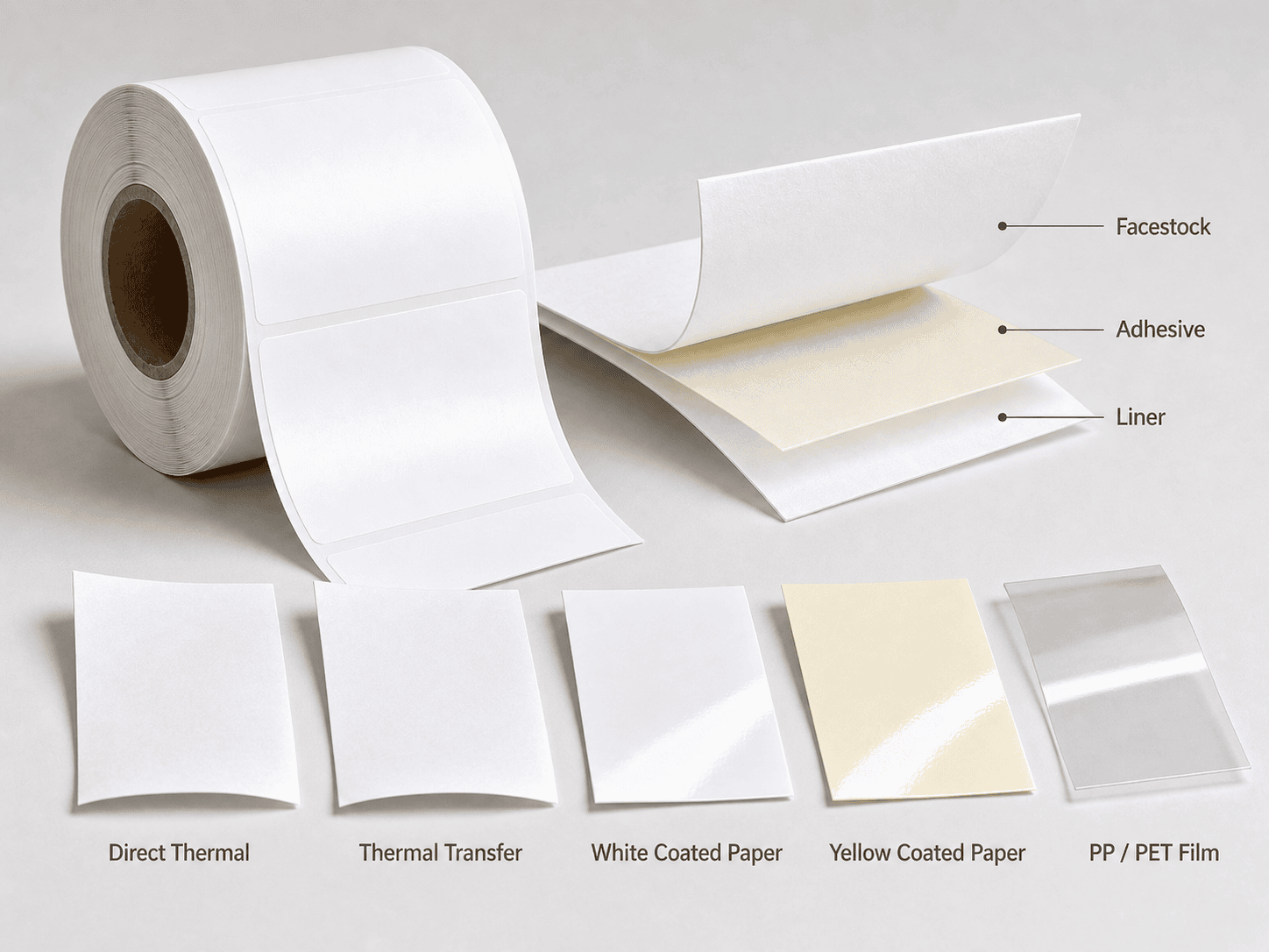 Blank label materials for barcode and shipping labels including direct thermal, thermal transfer, white coated paper, yellow coated paper, and PP PET film