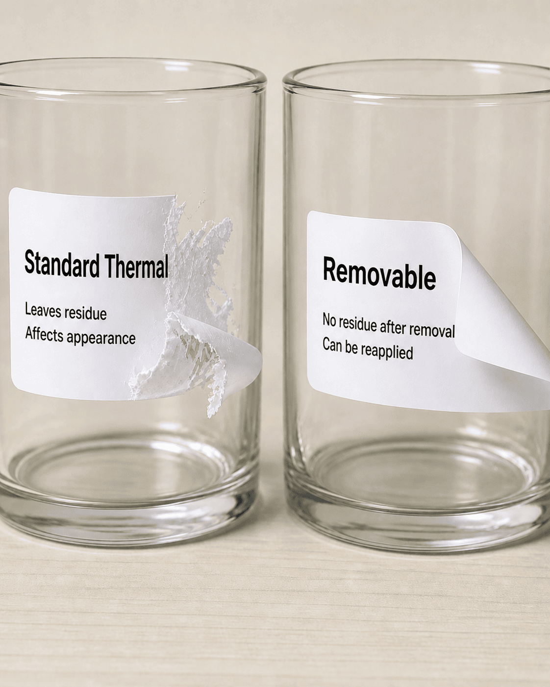 Comparison of standard thermal label and removable label on glass surface
