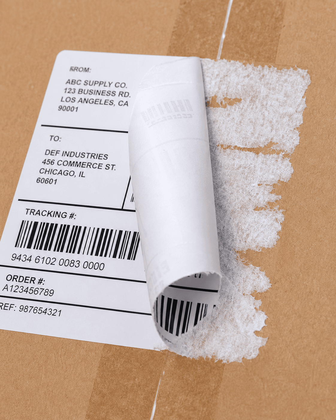 Strong adhesive label on cardboard box showing firm bonding and paper residue after removal