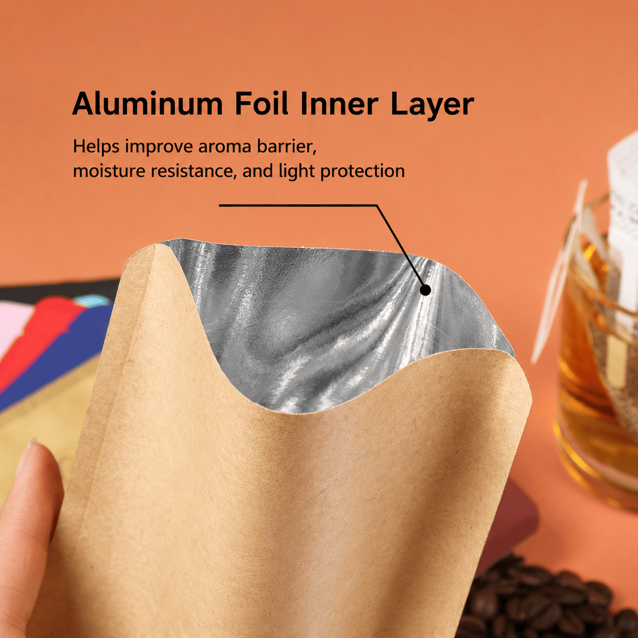 Aluminum foil inner layer inside kraft paper coffee packaging pouch