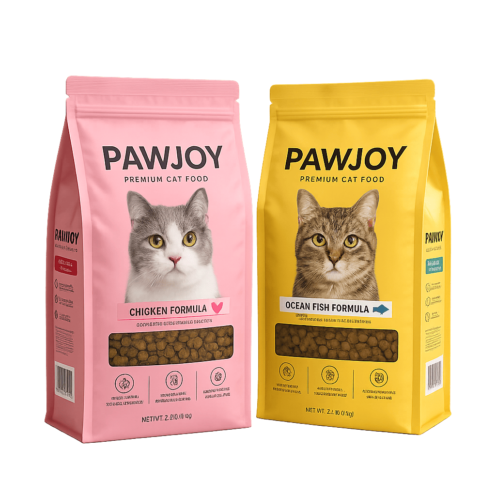 Custom printed cat food packaging stand up pouches with resealable zipper and clear product window