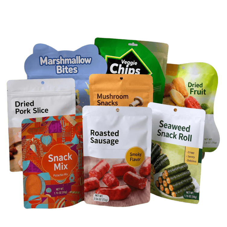 Custom snack packaging pouches for chips, dried fruit, marshmallows, seaweed snacks, and mixed snack products.