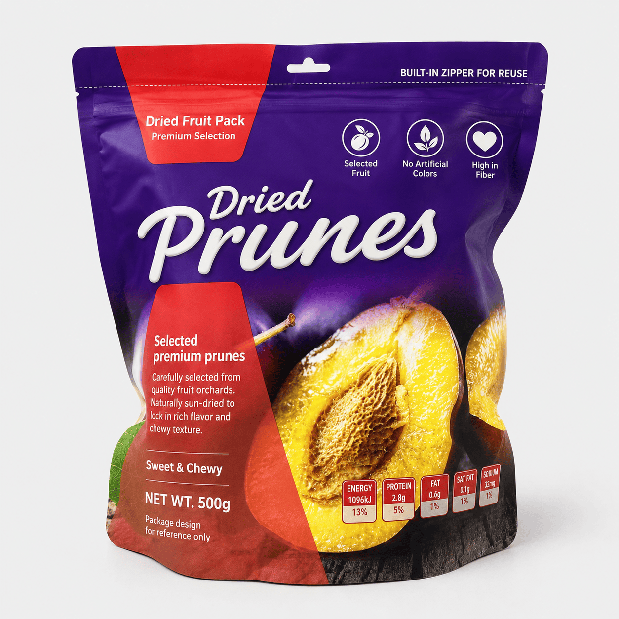Printed stand-up pouch with zipper for dried fruit snack packaging