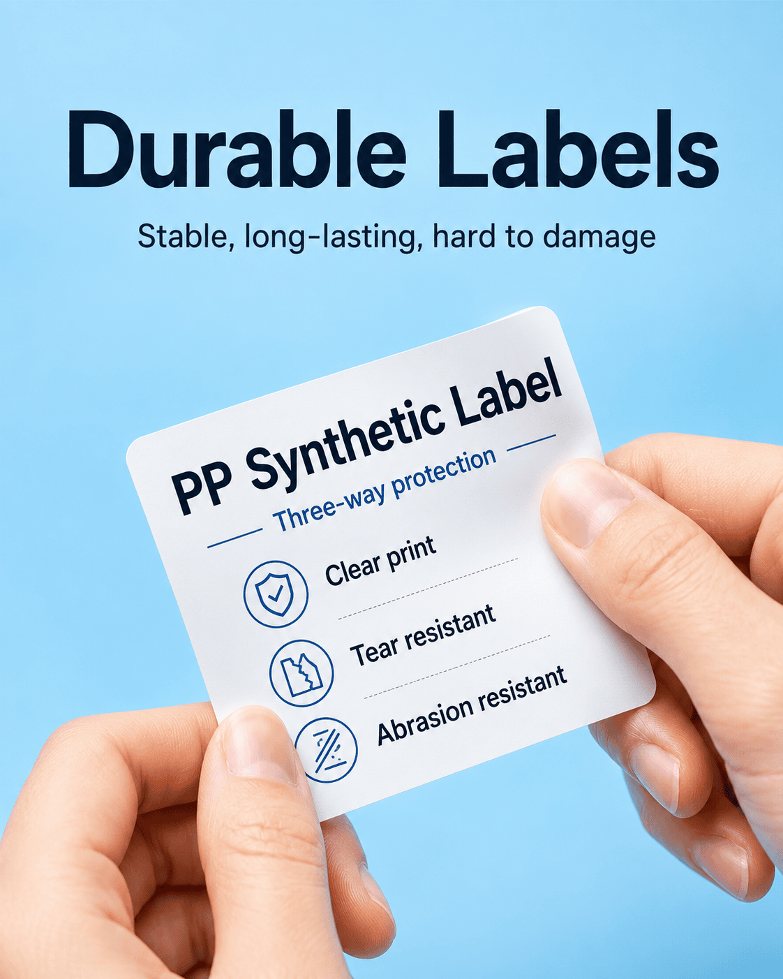 Durable PP synthetic label showing clear print tear resistance and abrasion resistance