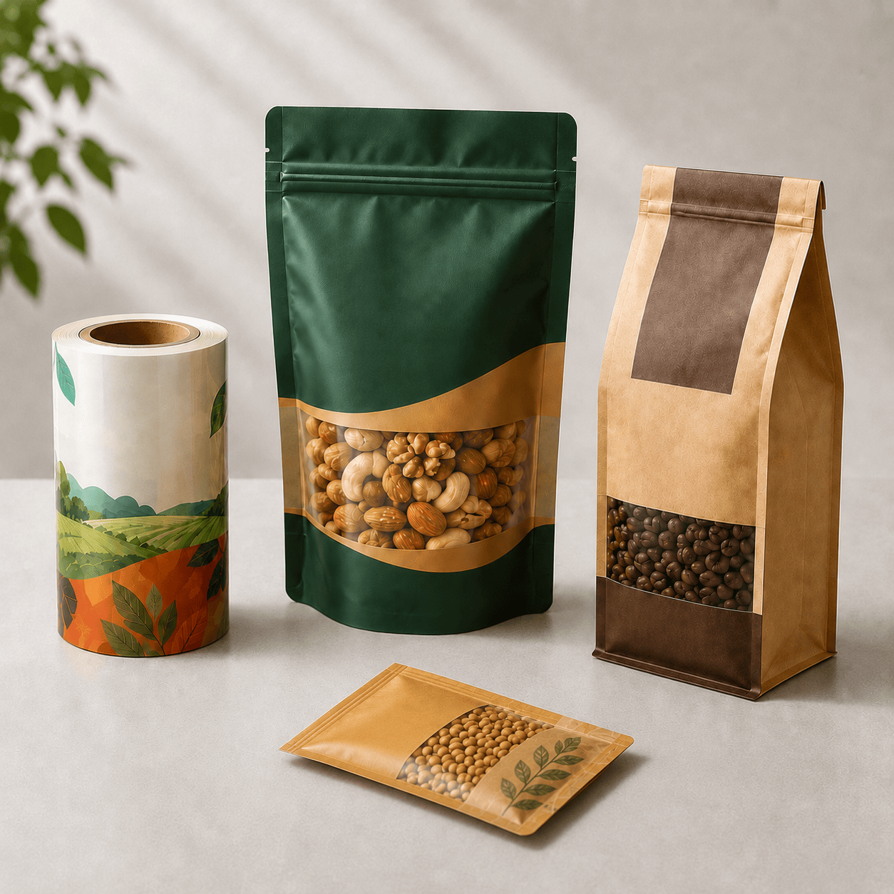 Flexible packaging pouches and rollstock film product display