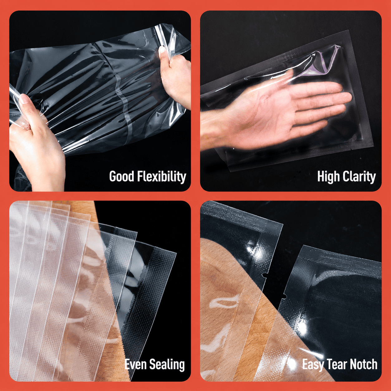 Frozen food vacuum bag film features showing good flexibility high clarity even sealing and easy tear notch