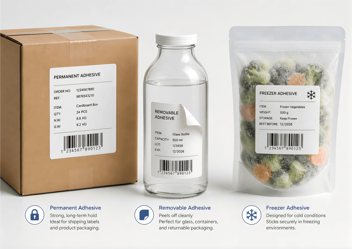 Permanent removable and freezer label adhesive types for packaging