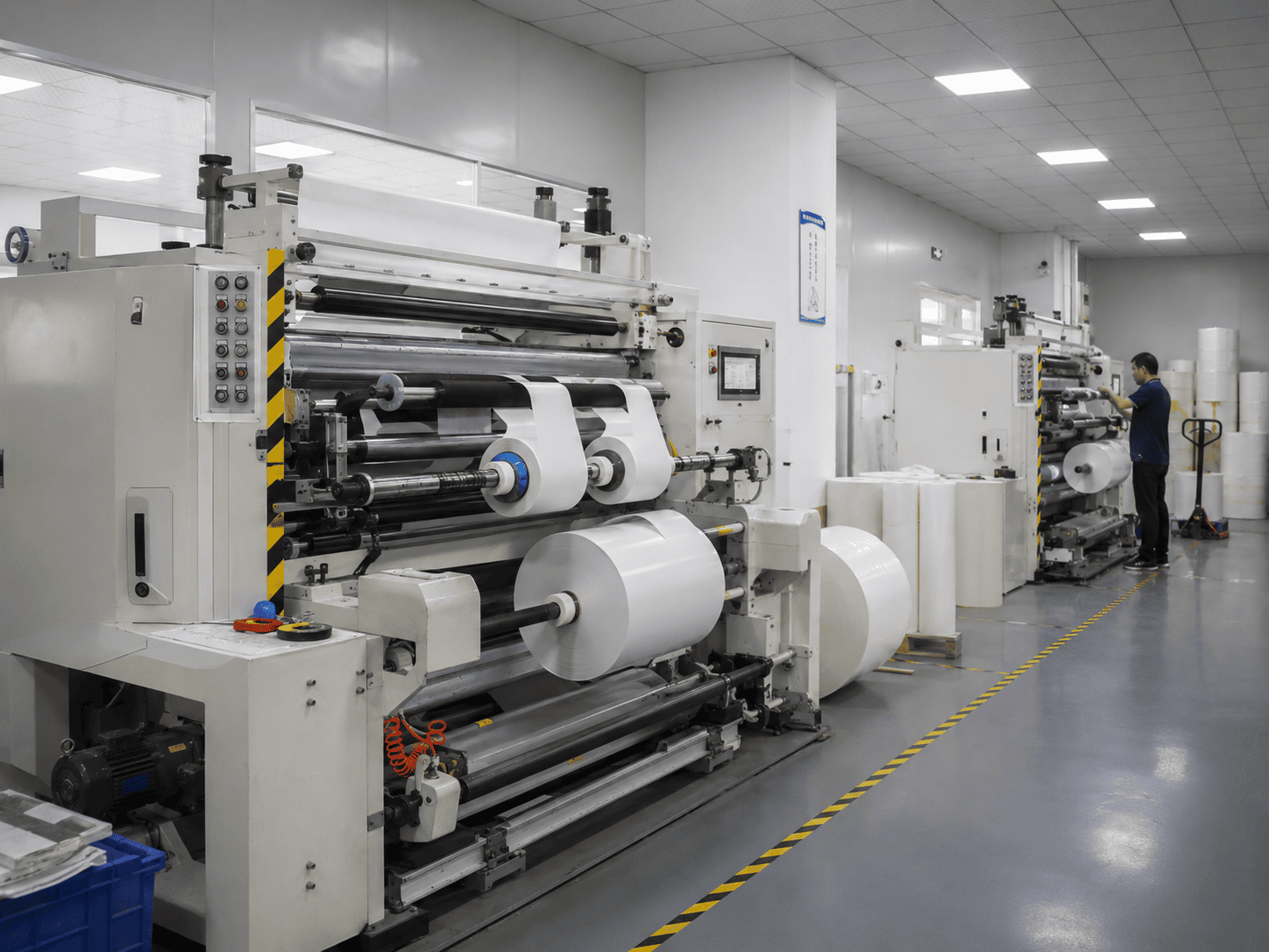Roll slitting and rewinding machine in production workshop