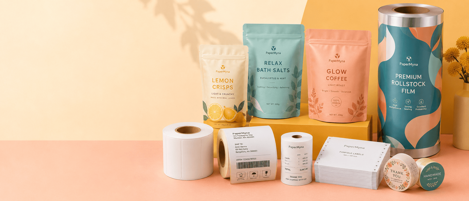 Custom flexible packaging pouches, self-adhesive labels, shipping labels, receipt paper and rollstock film by PaperMyna