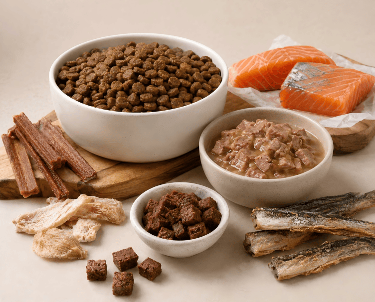 Pet food ingredients including kibble, wet food, salmon, dried fish and natural treats