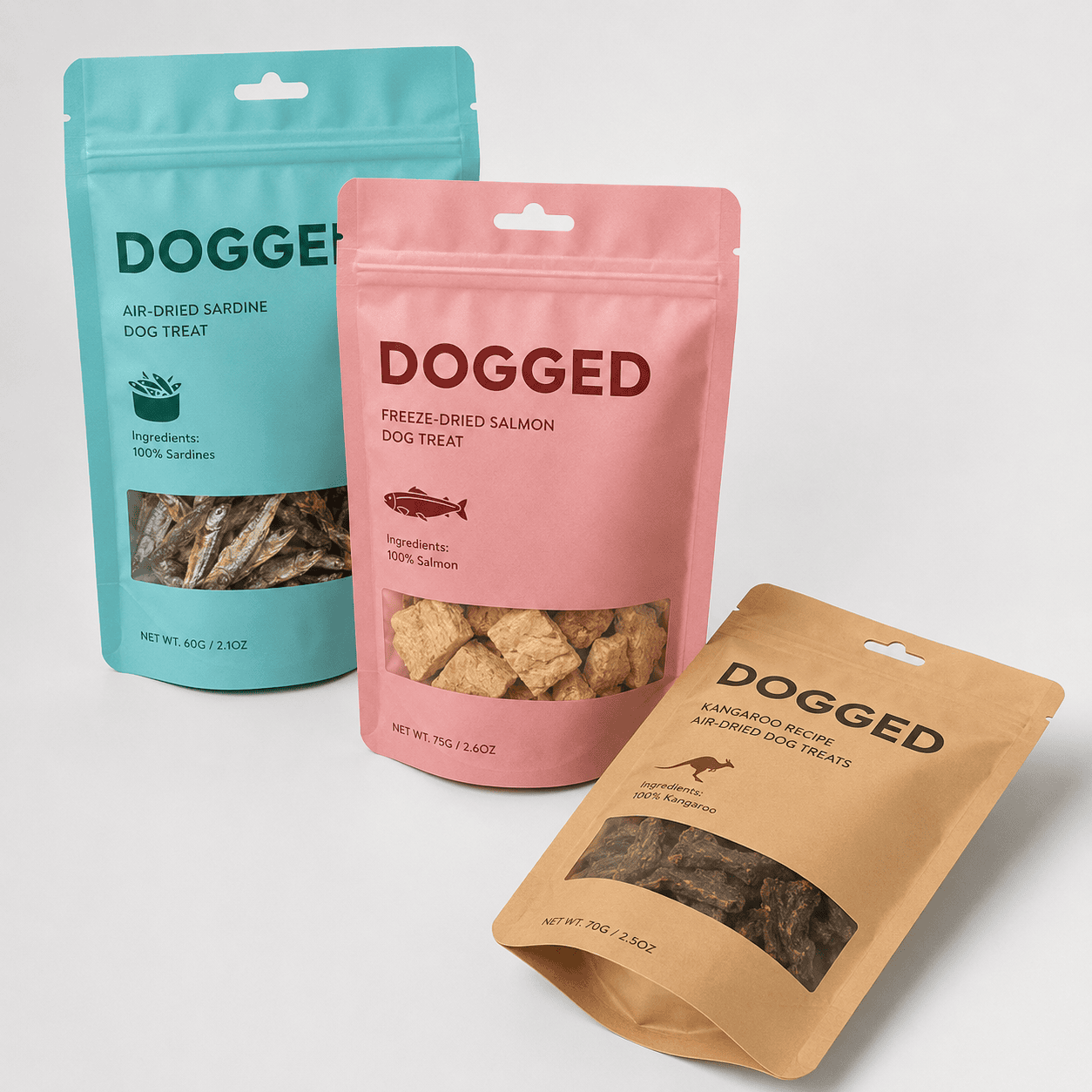 Pet food stand up pouches with window packaging for dog treats