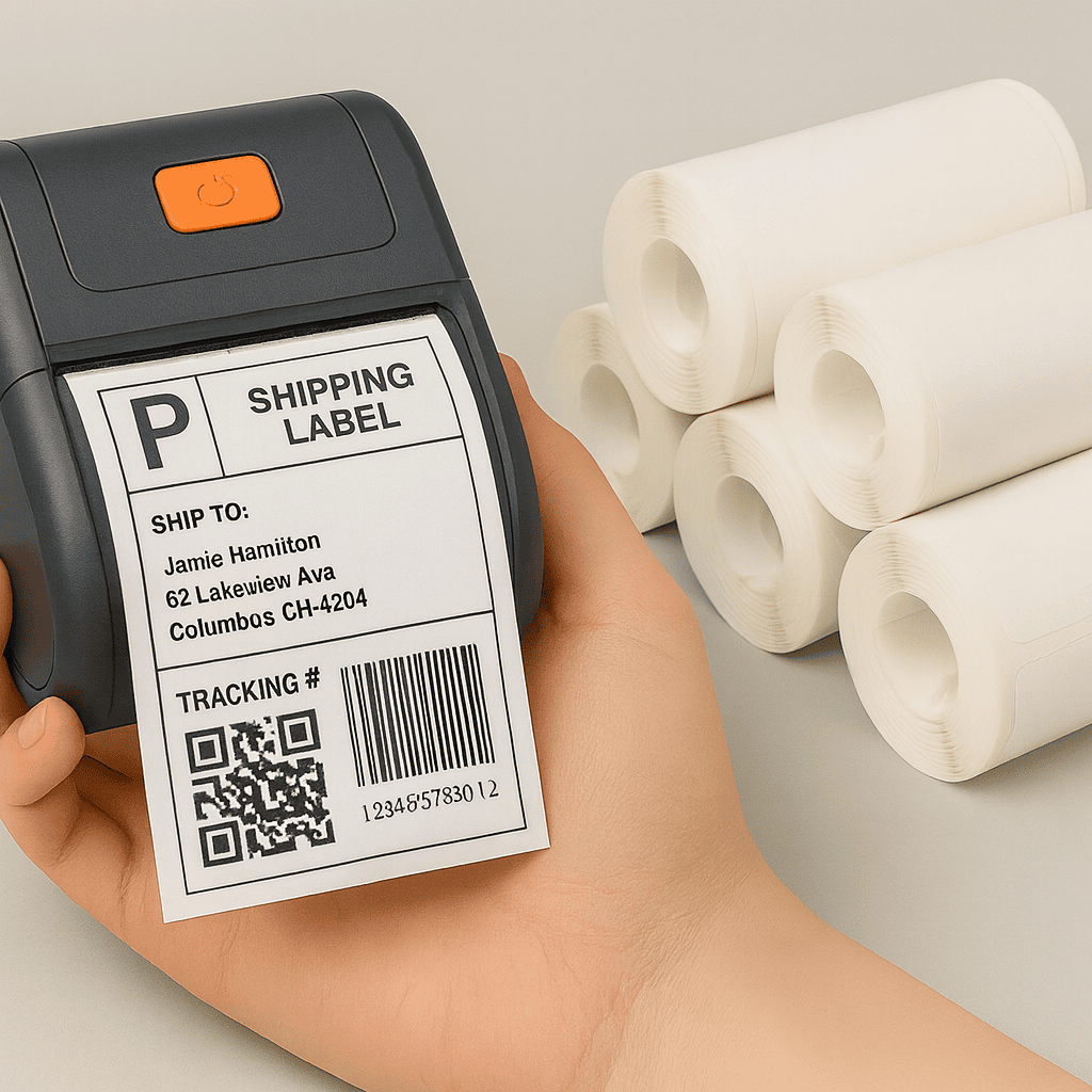Portable thermal label printer with label rolls for printer compatibility