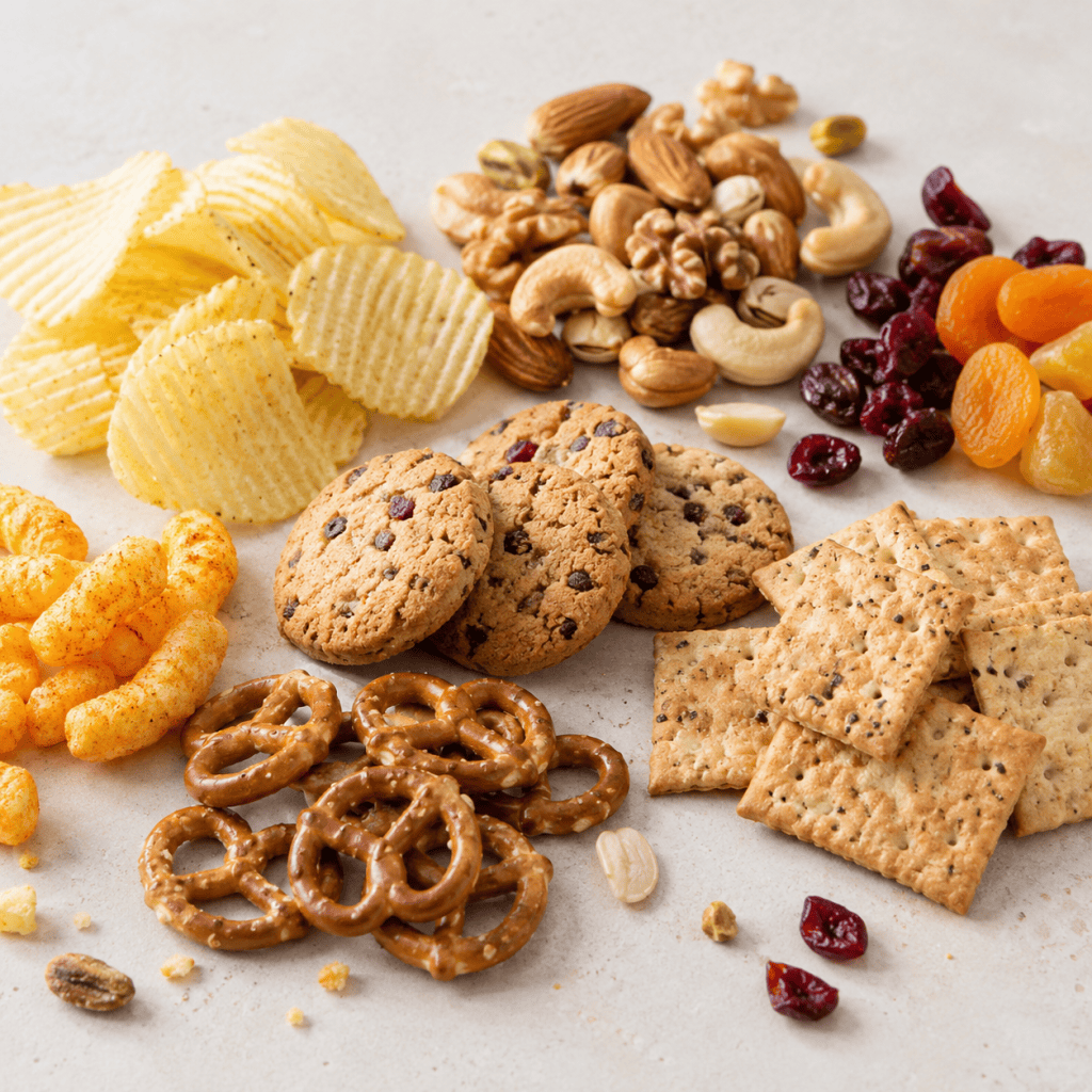 Assorted snack products including chips, nuts, cookies, dried fruit, pretzels, and crackers for snack packaging applications.