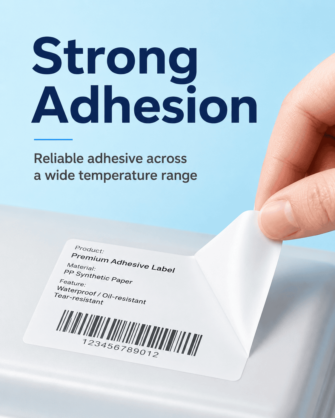 Strong adhesion PP synthetic label applied to a smooth packaging surface