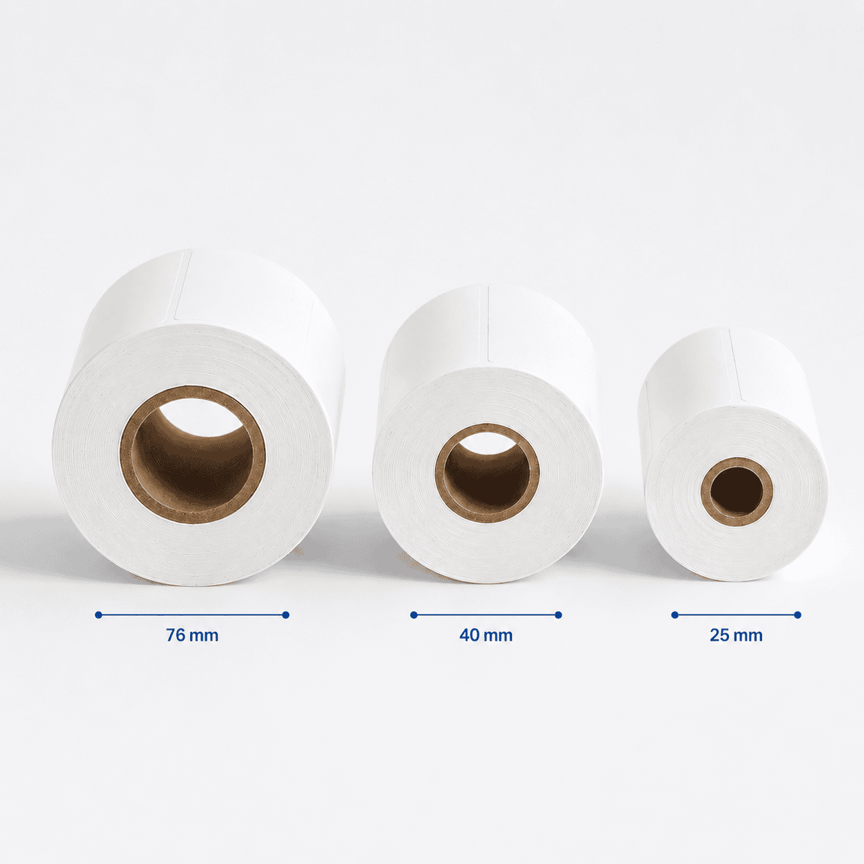 Common thermal label roll core sizes including 76 mm 40 mm and 25 mm