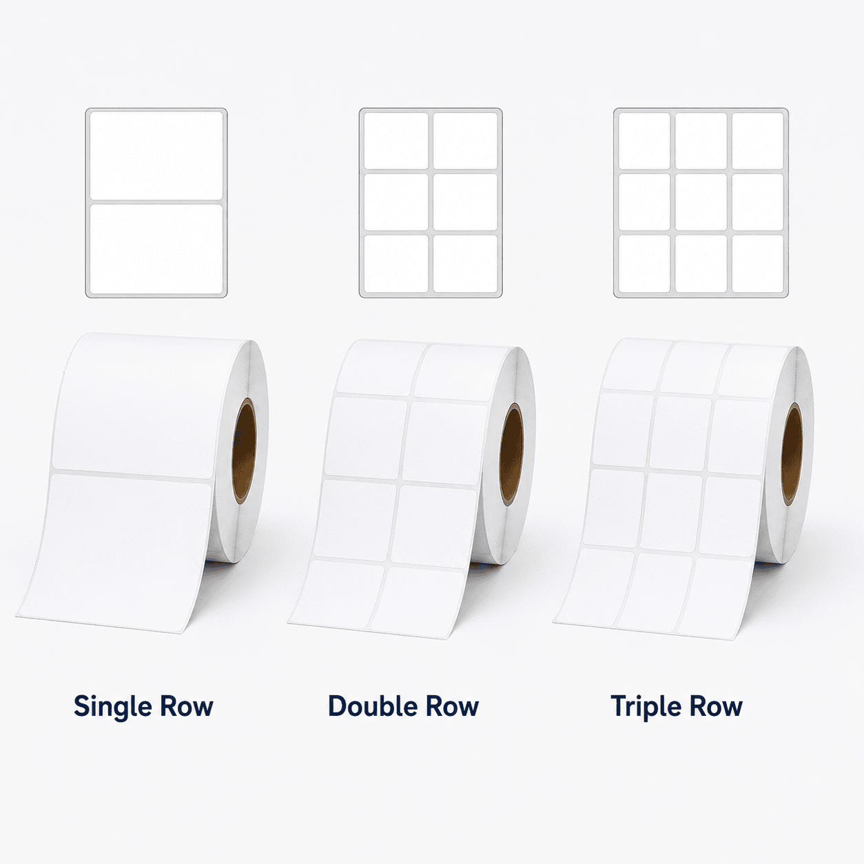 Thermal label layout options showing single row double row and triple row rolls
