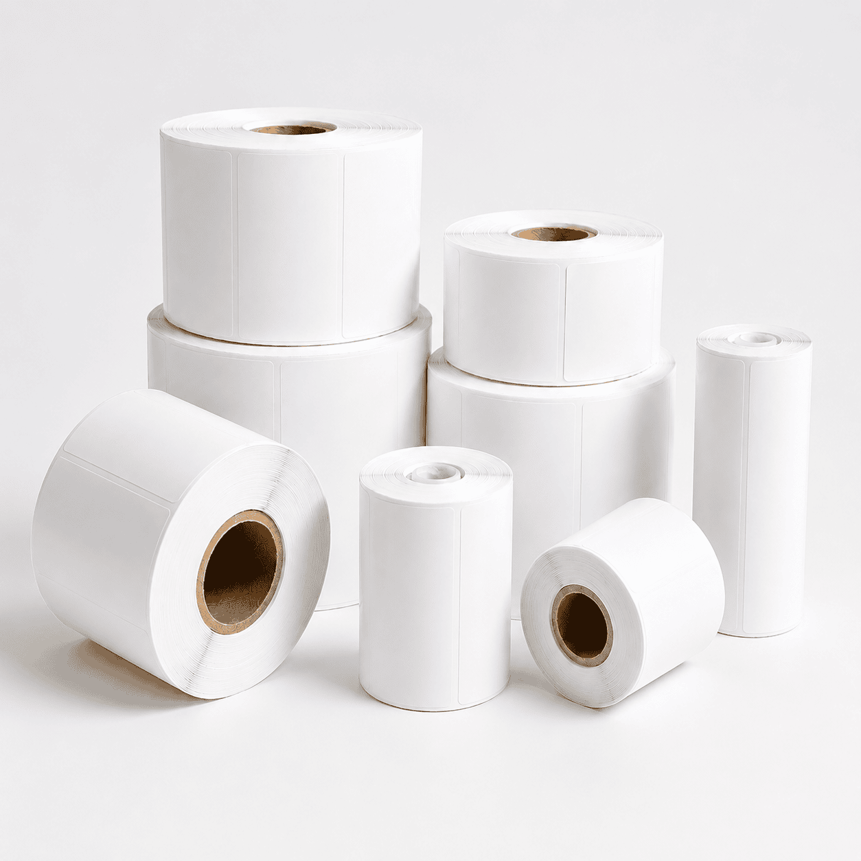 White thermal label rolls in different sizes on a clean studio background