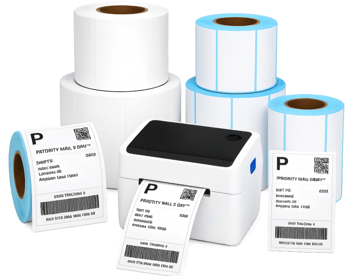 Direct thermal labels with printer, white rolls, and blue liner rolls for shipping labels