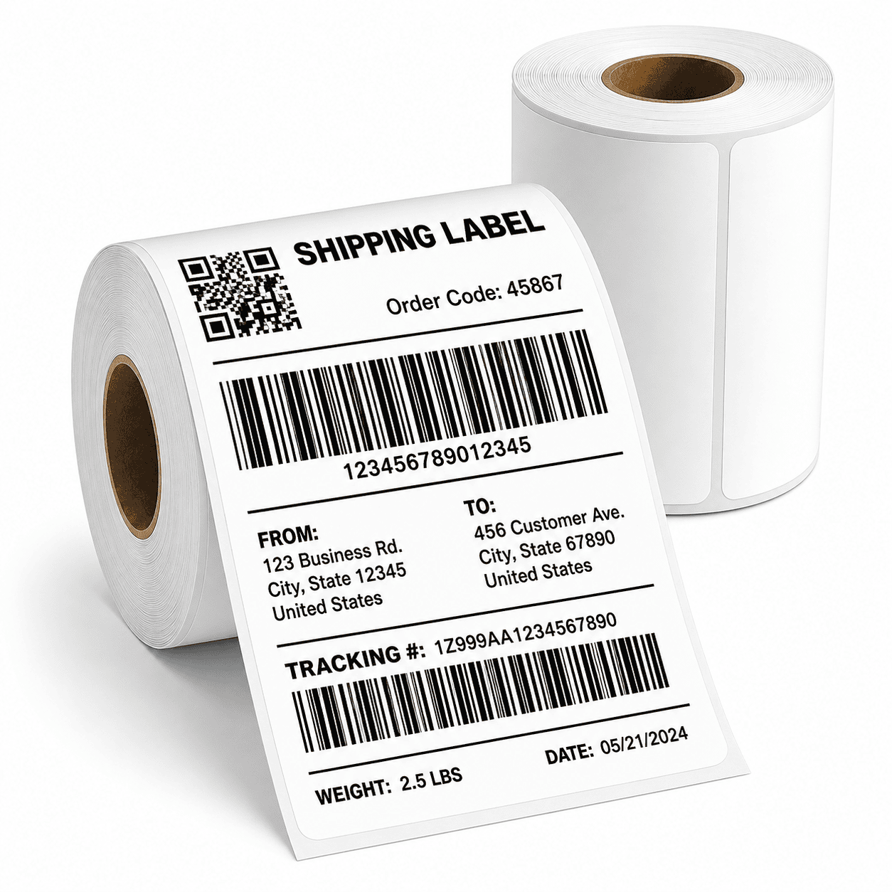Blank labels and thermal shipping labels with printed barcode roll