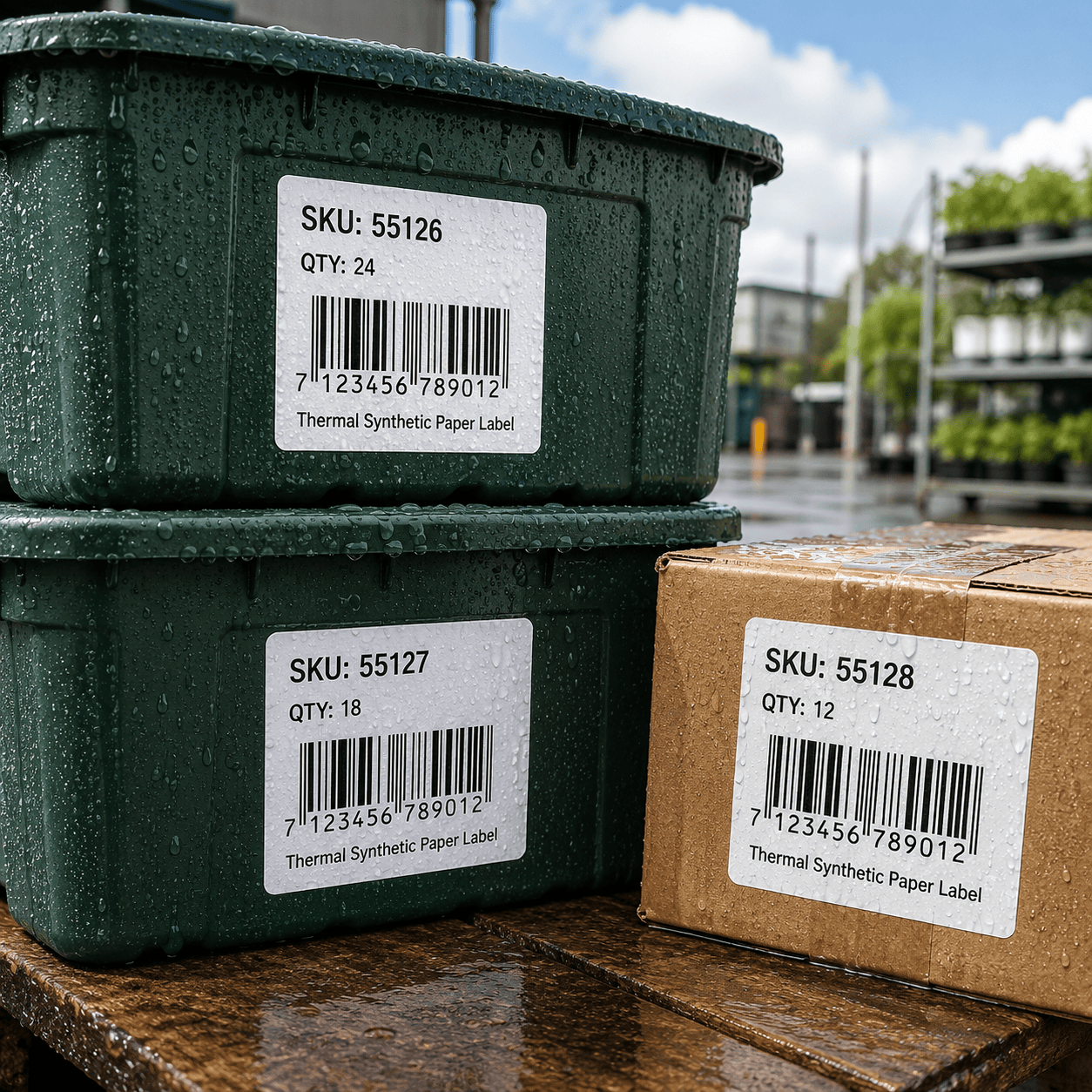 Thermal synthetic paper labels applied to outdoor boxes with water droplets for durable packaging use