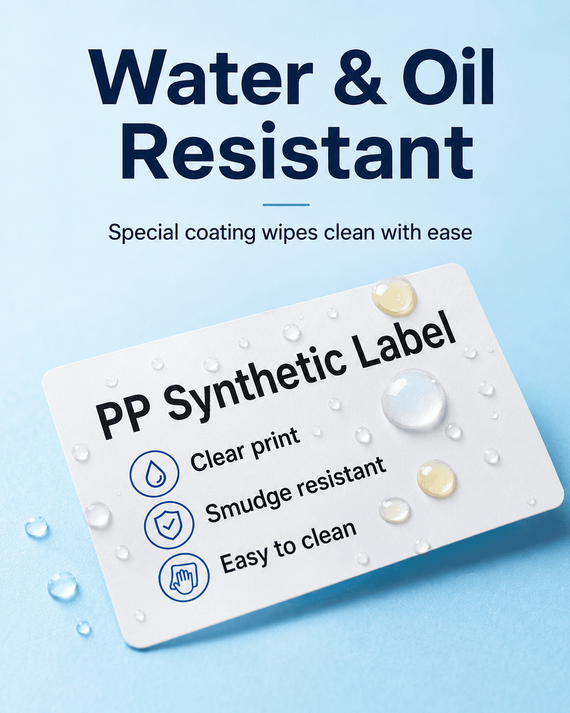 Water and oil resistant PP synthetic label with clear print and easy to clean surface