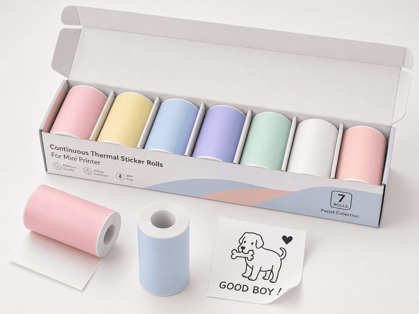 7-color mini printer sticker paper pack with retail box packaging