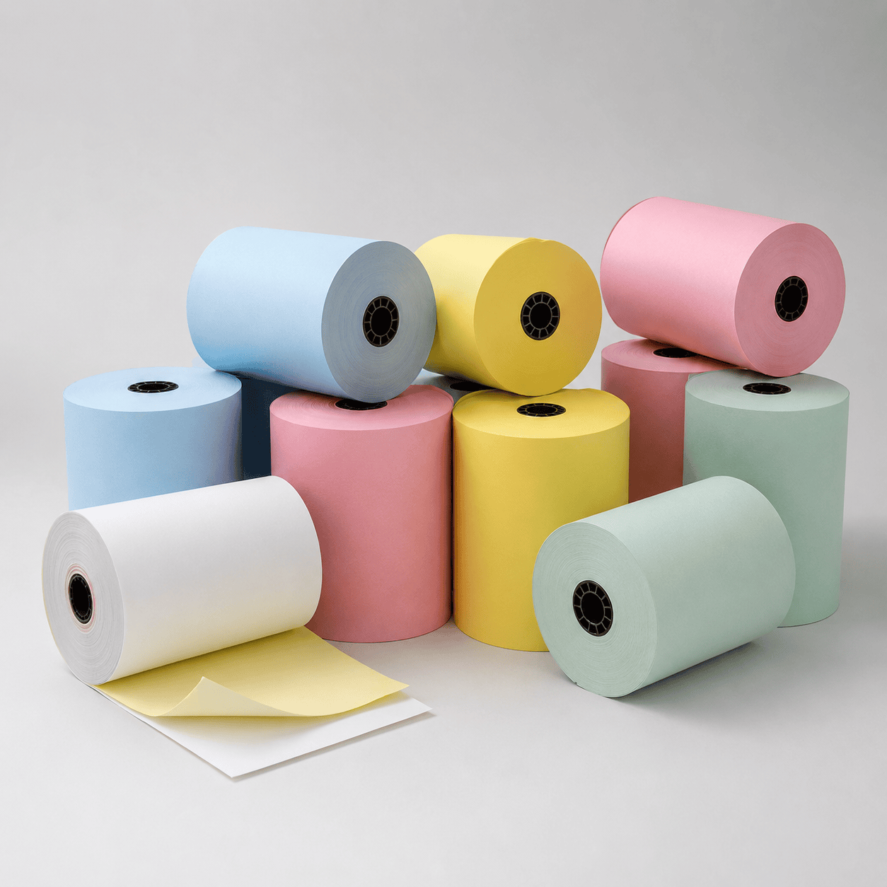 Colored thermal paper rolls and multi-ply receipt paper options in white, blue, yellow, pink, and green