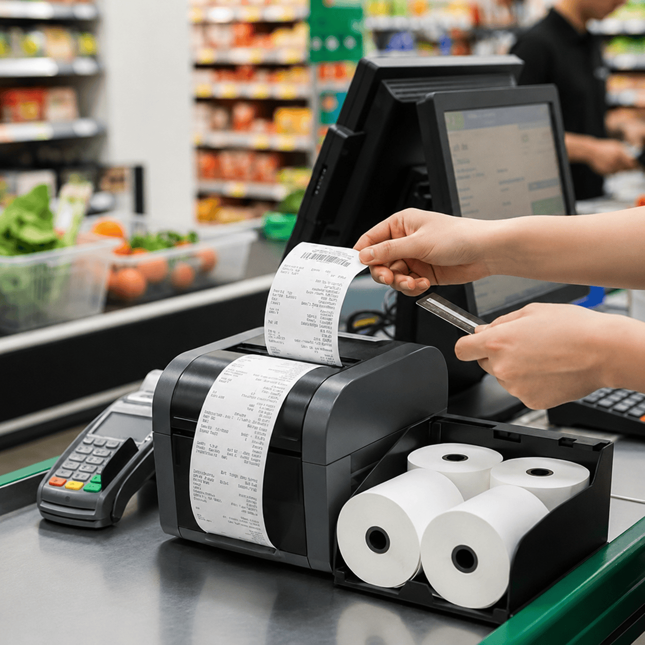 Thermal receipt paper used for daily checkout printing at a POS counter