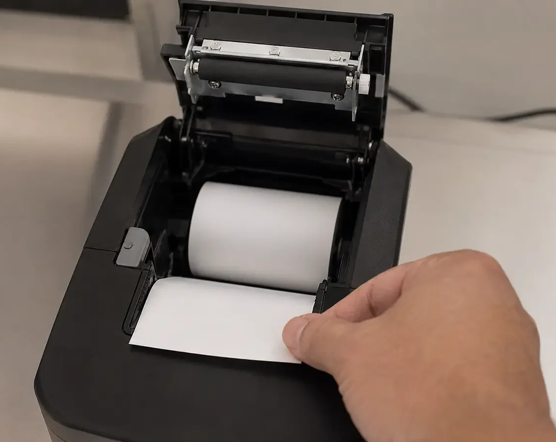 Hand loading thermal receipt paper into an open POS printer