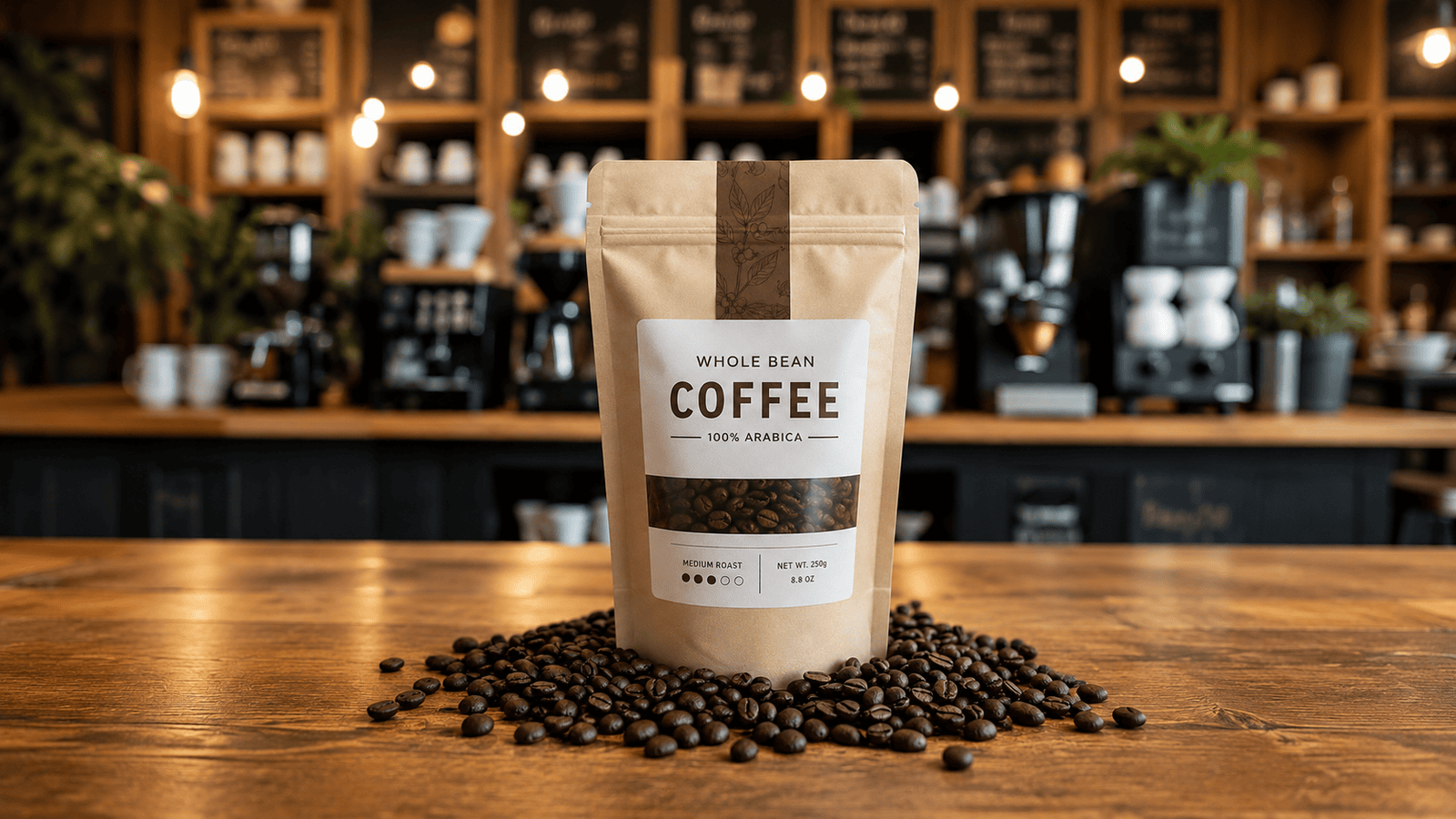 Whole bean coffee packaging pouch with roasted coffee beans in a coffee shop