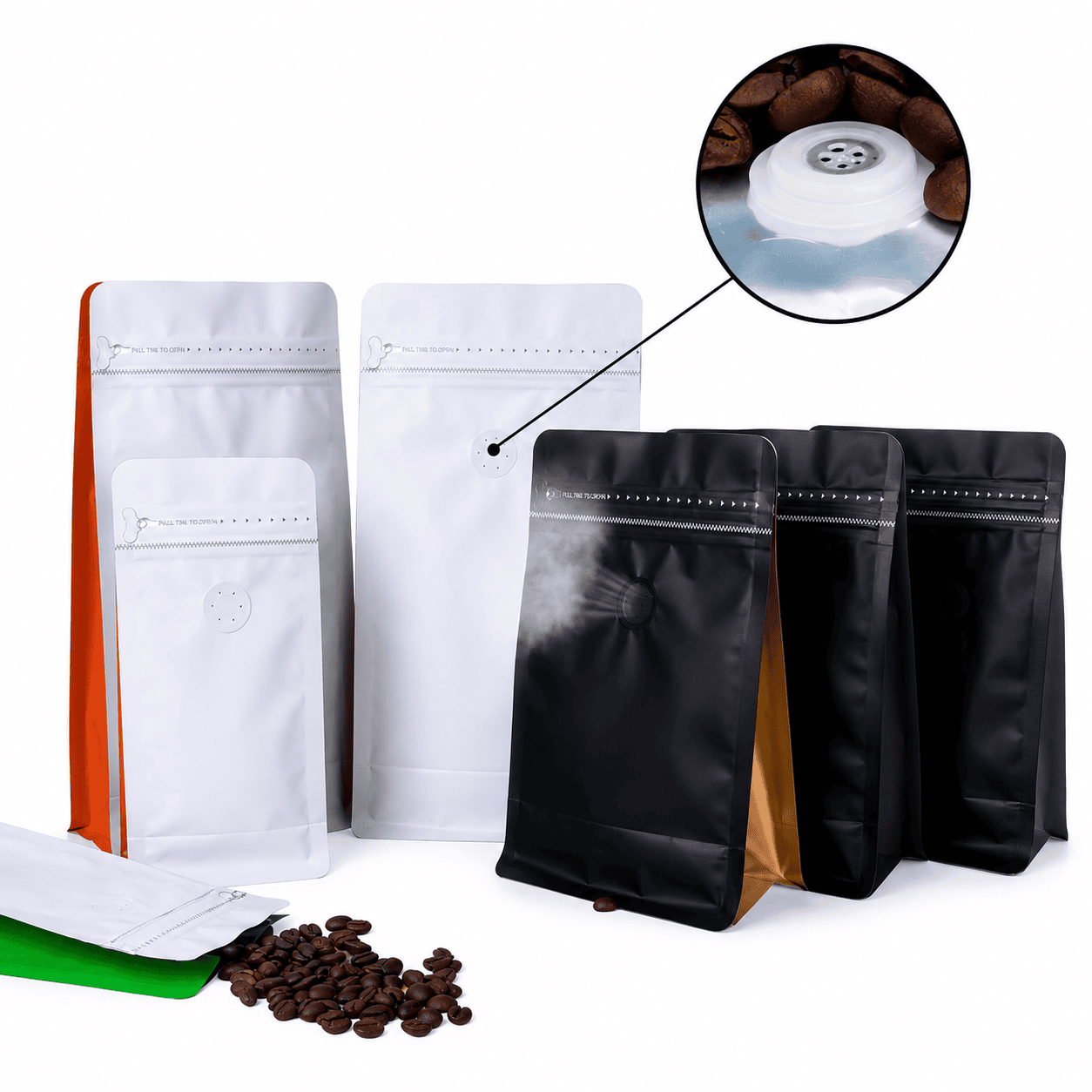 Coffee Packaging with One-Way Degassing Valves Coffee pouches with one-way degassing valves and valve close-up