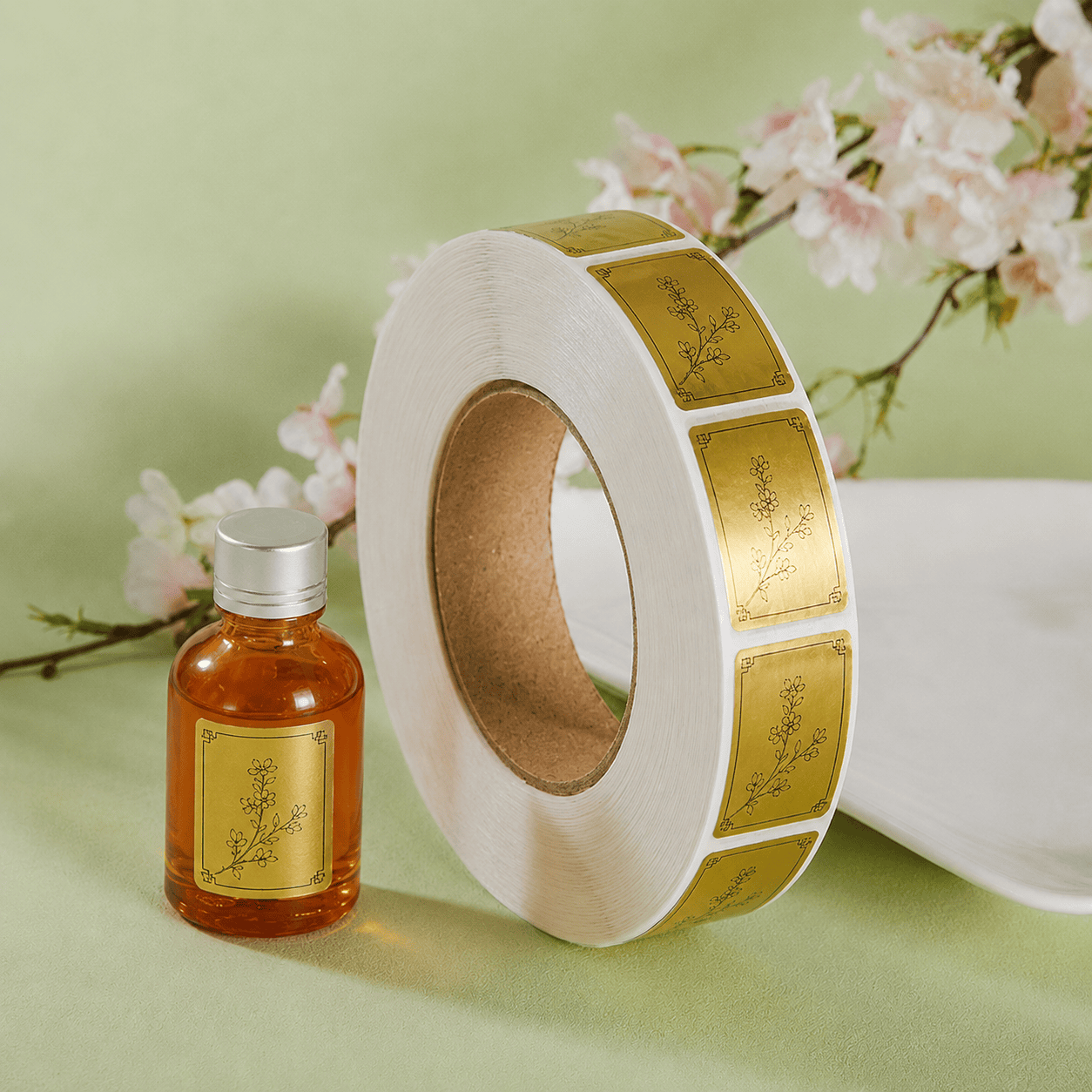 Custom Printed Product Labels with Premium Finish Custom printed product labels on a gold label roll with bottle packaging
