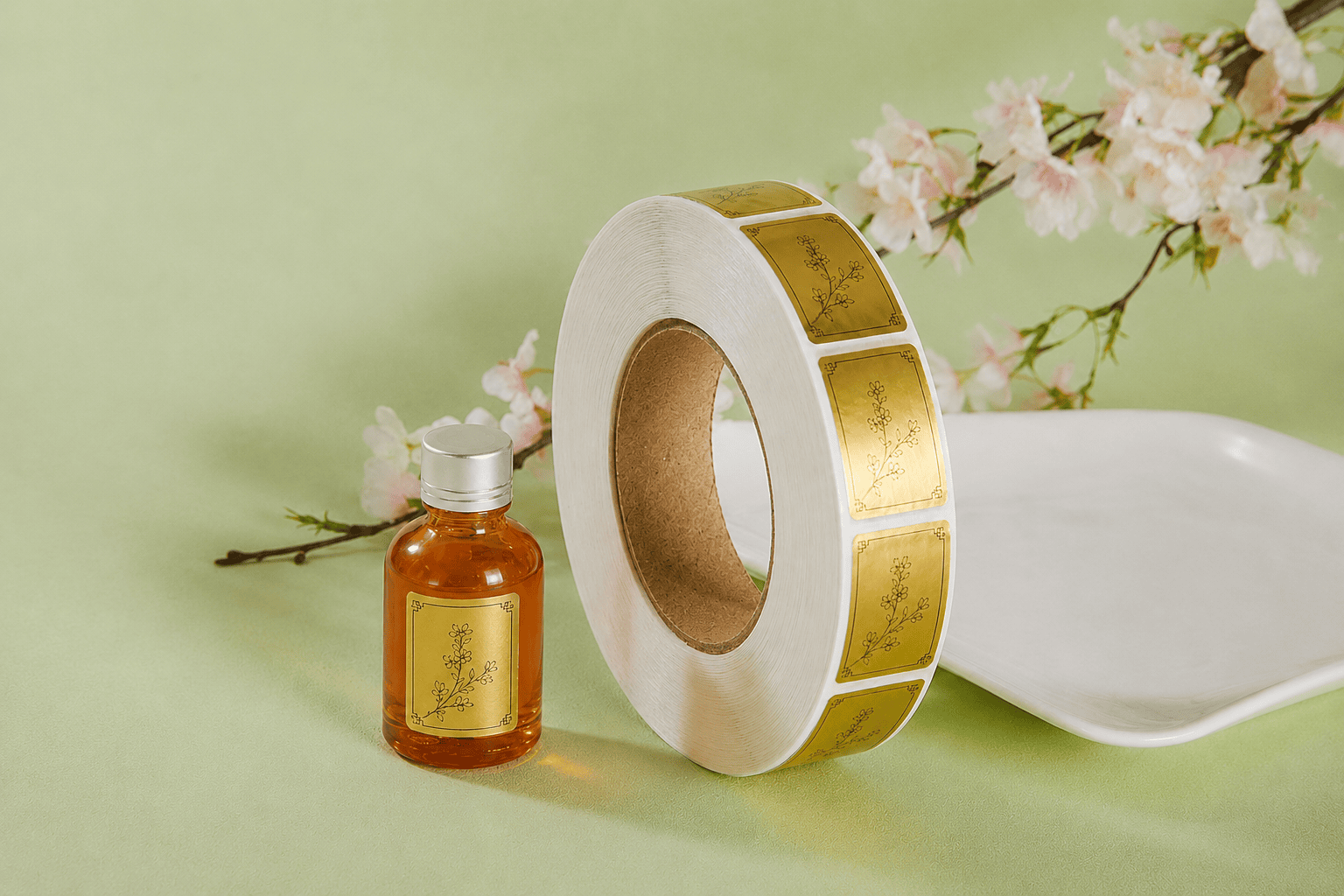 Custom printed product labels on a gold label roll with bottle packaging