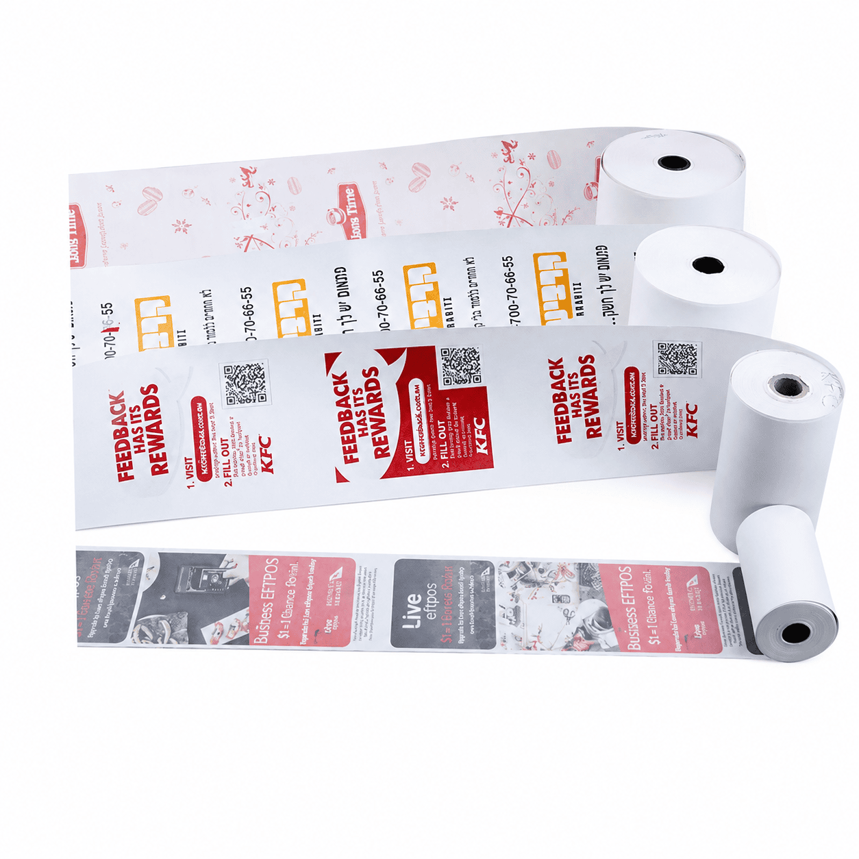 Custom printed receipt paper rolls with promotional back printing