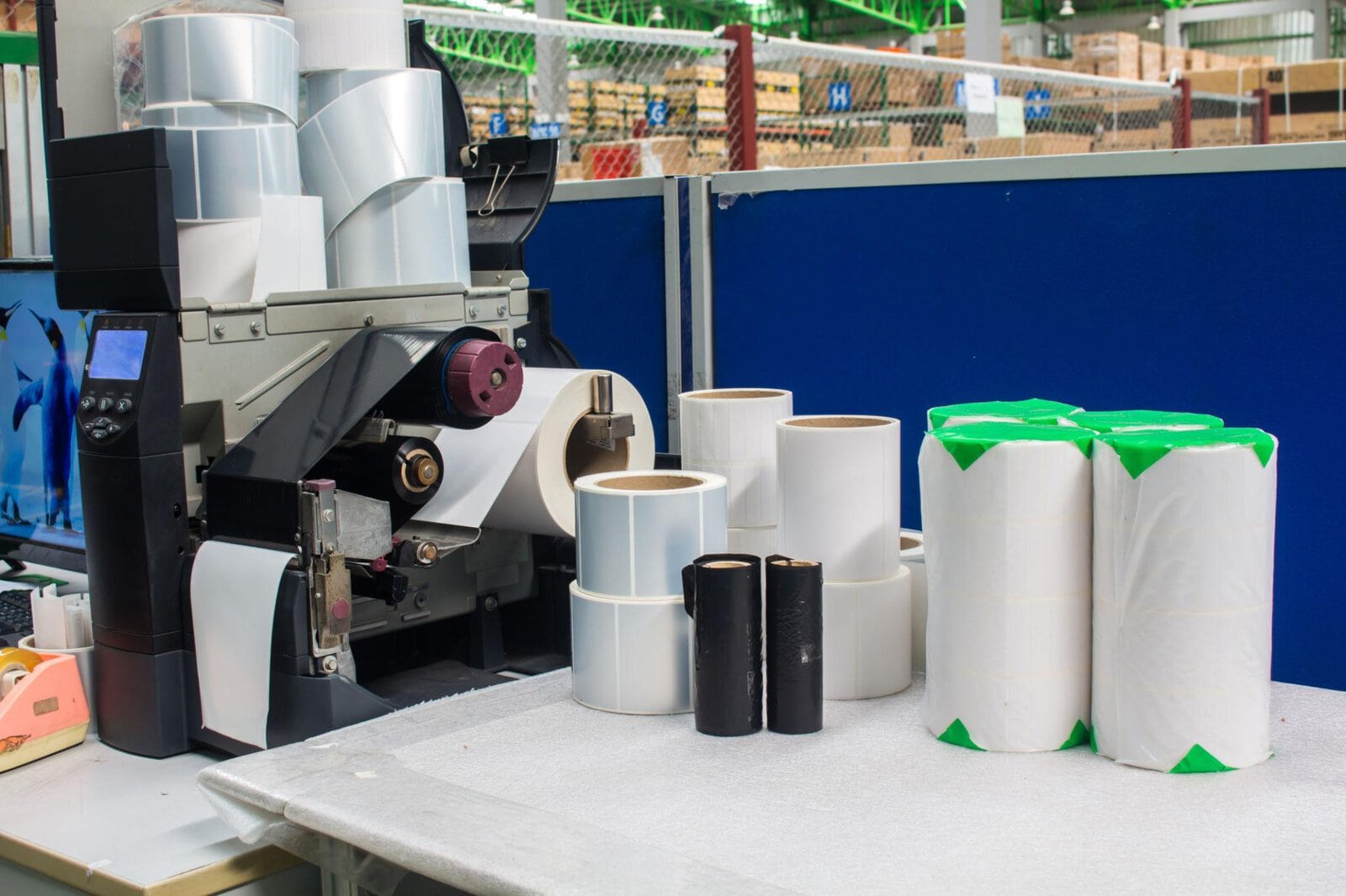 Direct thermal and thermal transfer label rolls with barcode printer and ribbon