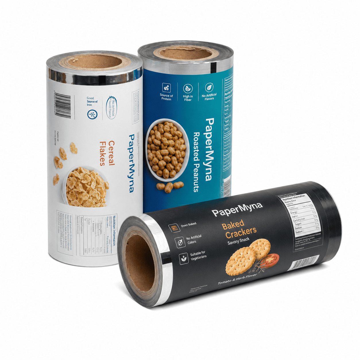 PaperMyna printed rollstock film for dry food moisture barrier packaging