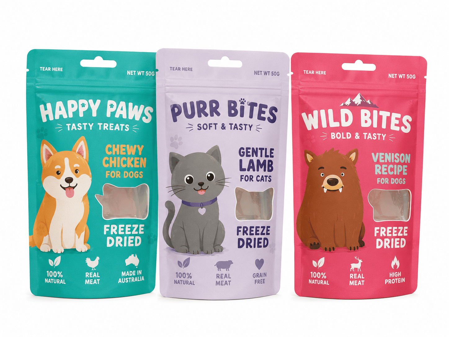 Freeze-dried pet treat packaging pouches with clear windows