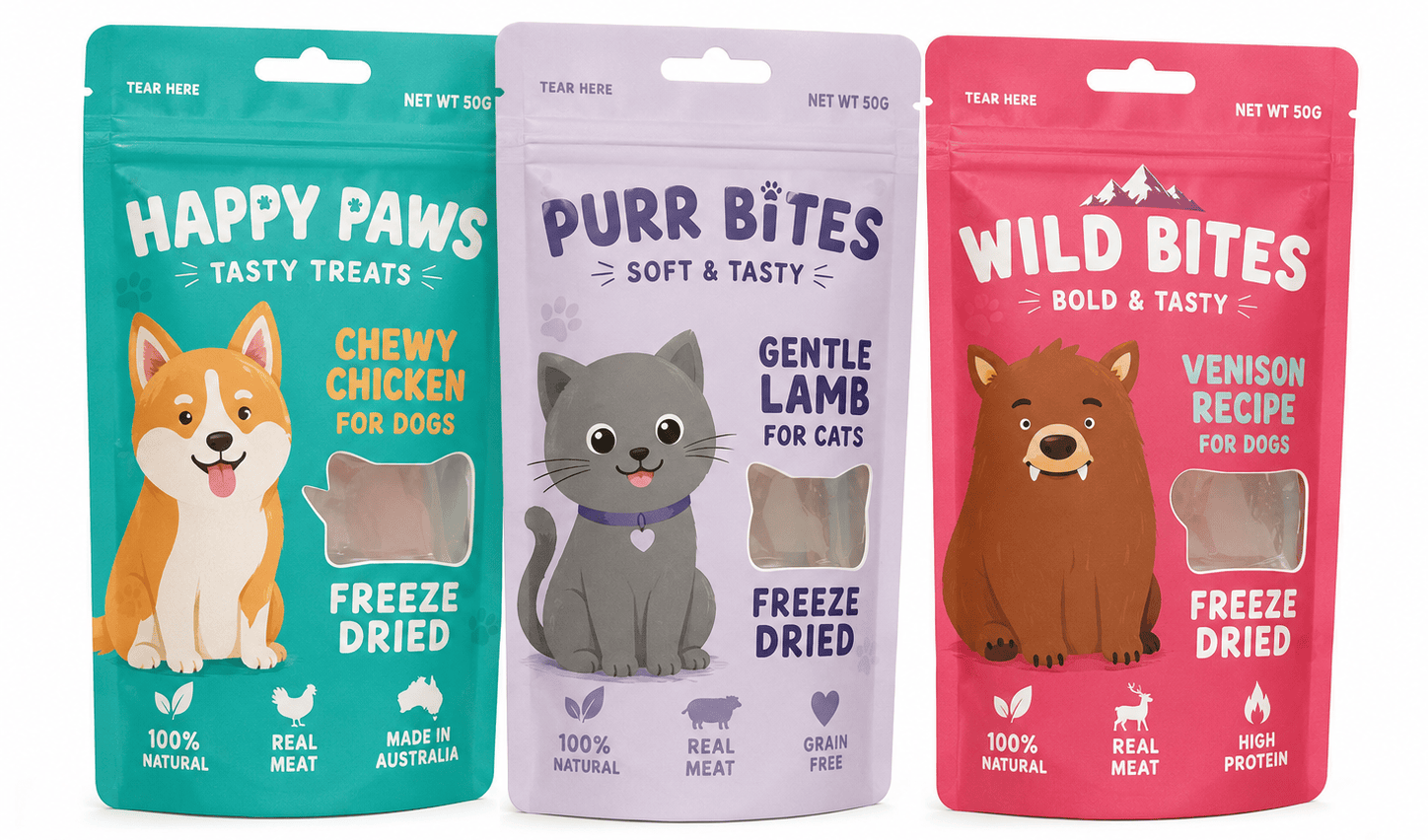 Freeze-dried pet treat packaging pouches with clear windows