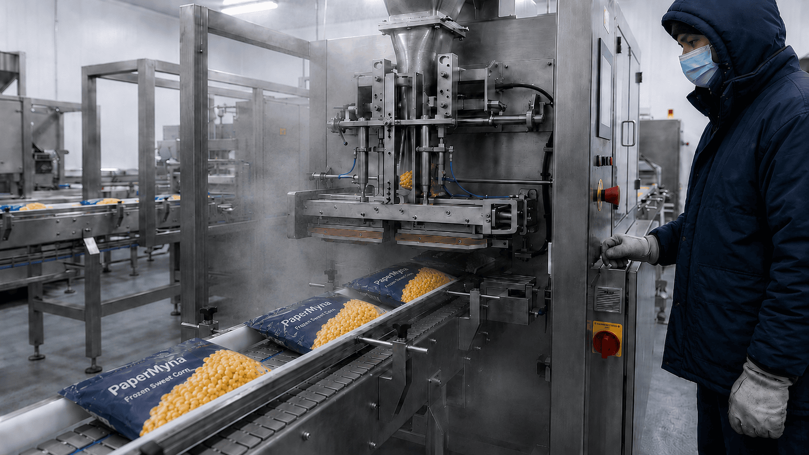 Frozen food packaging bags on an automated filling and sealing production line