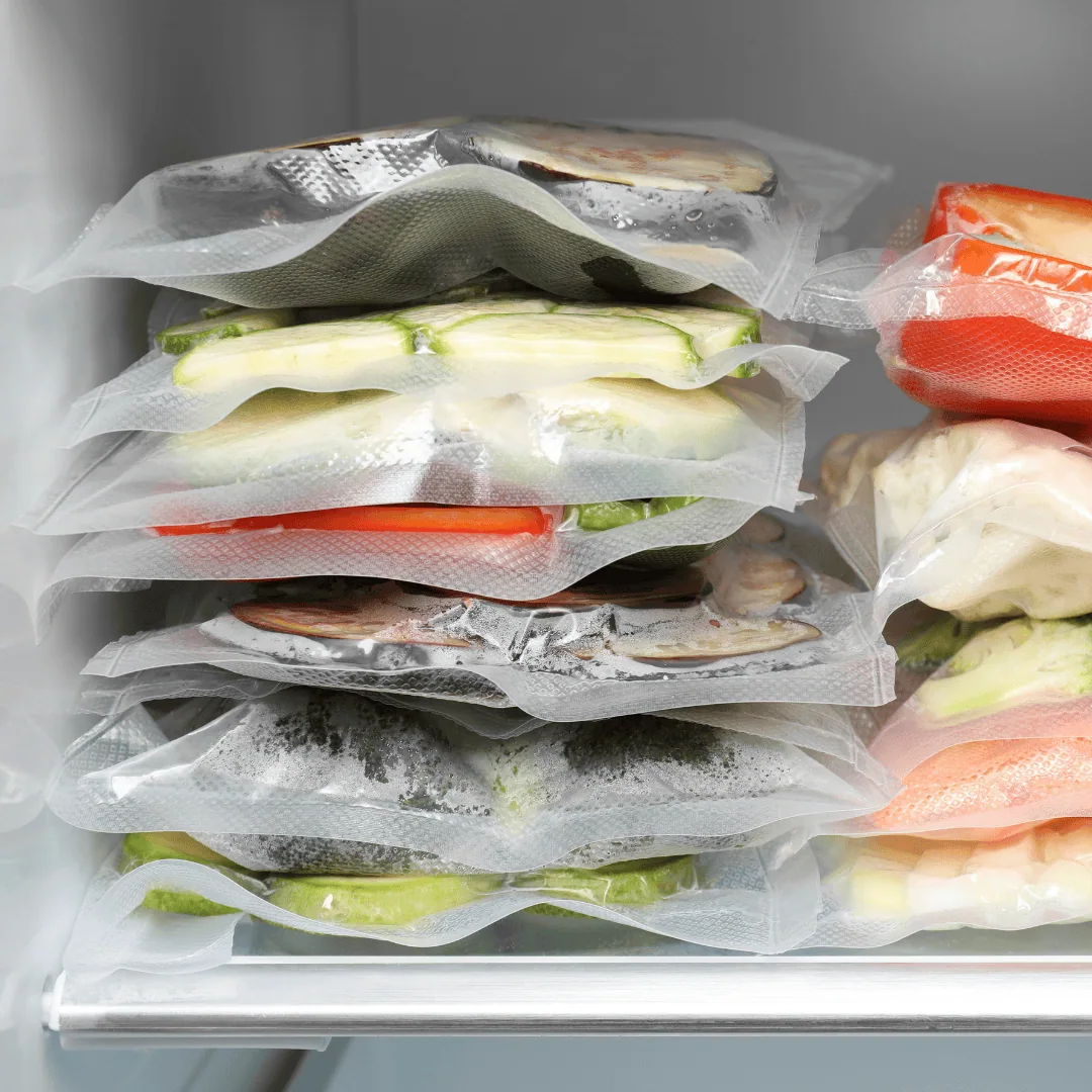 Frozen food packages stacked in cold storage under pressure