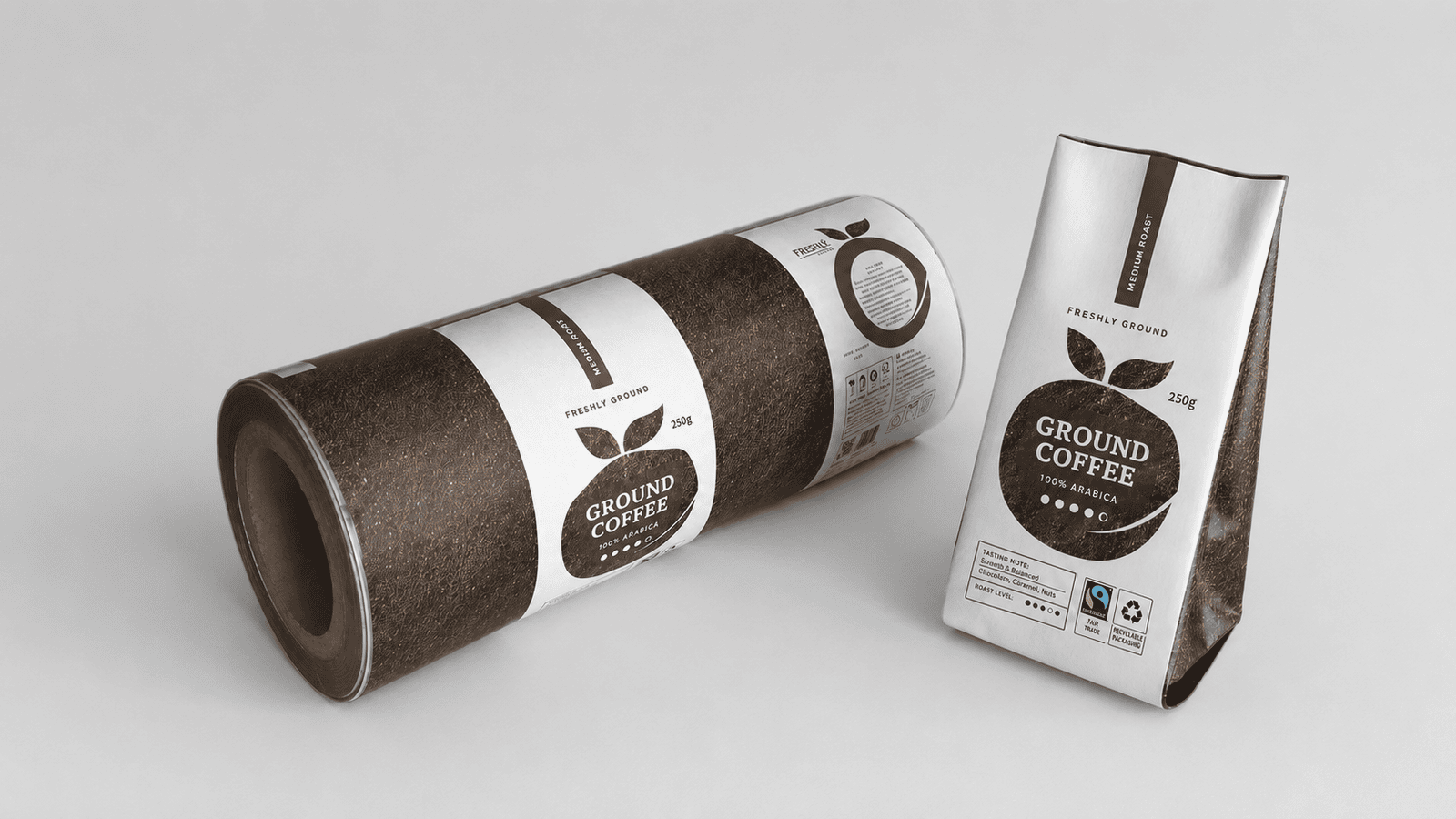 Ground Coffee Packaging and Rollstock Film Ground coffee pouch displayed with printed rollstock packaging film