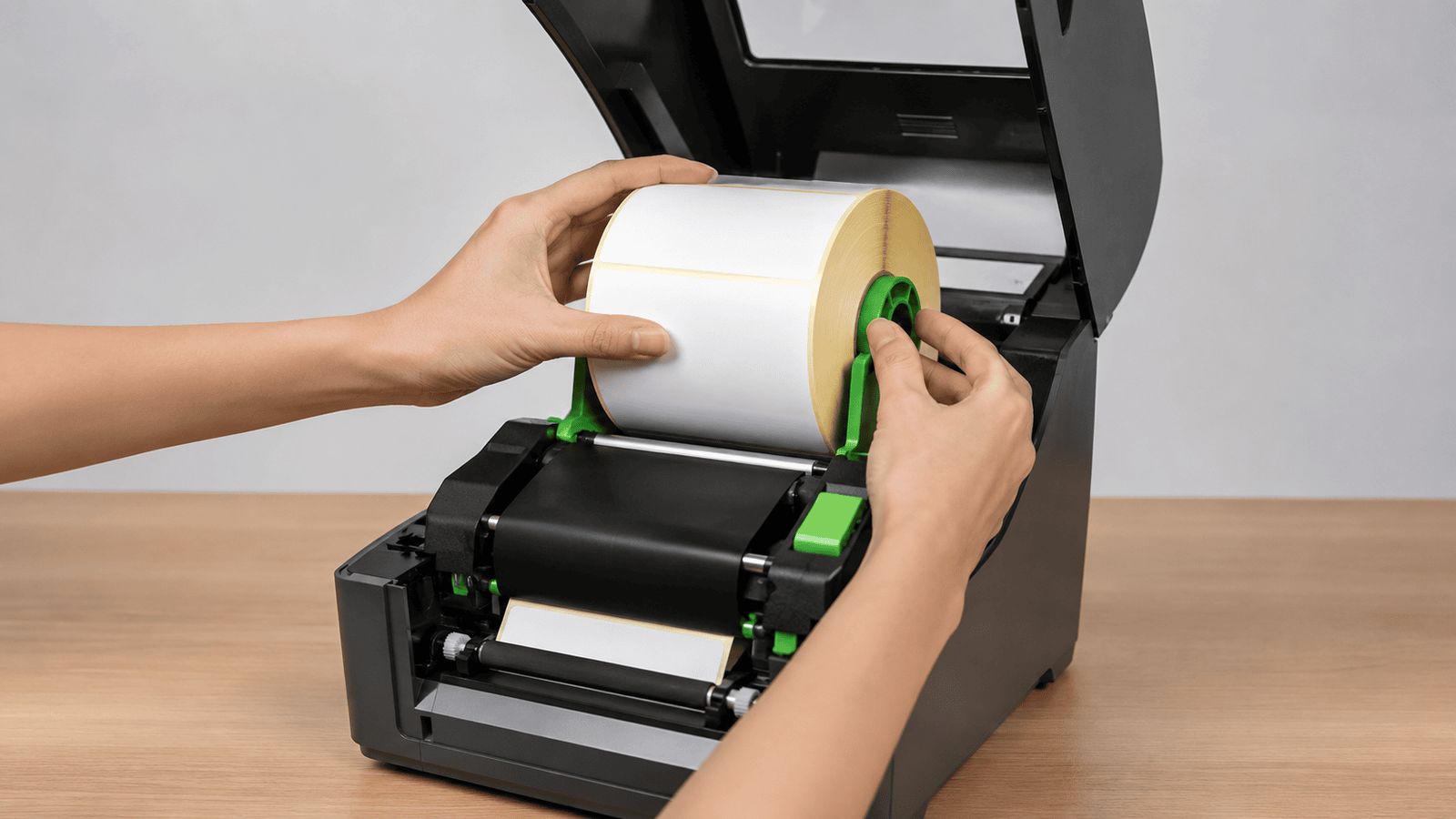 Installing a label roll in a thermal label printer